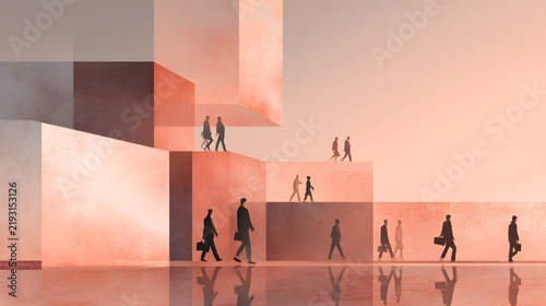 Modern architectural scene with people walking on colorful geometric structures