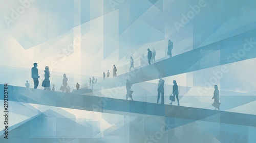 Modern Transportation Hub with Multiple People on Elevated Walkways and Glass Architectural Design