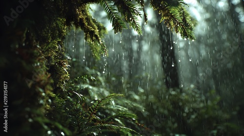 Lush Green Forest with Rainfall and Sunlight Streaming Through Trees