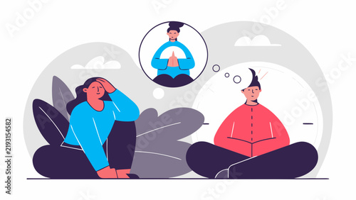 Принти на полотні People sitting together while deep in thought and introspection with mental health concepts illustrated around them