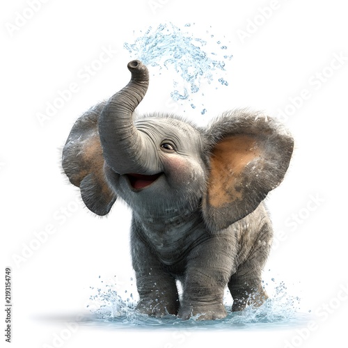 Adorable Baby Elephant Playing in Water with Splash and Joyful Expression