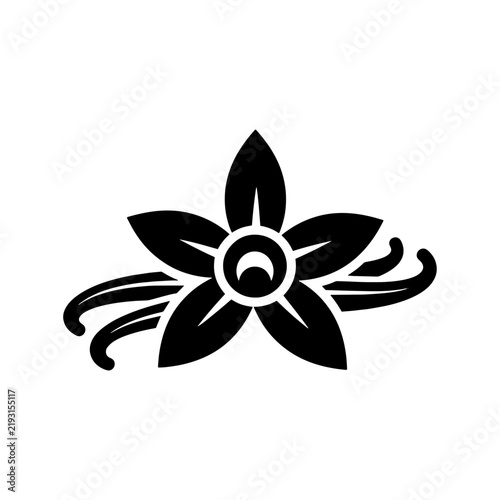 Black silhouette icon of a blooming vanilla flower and bean with silhouette