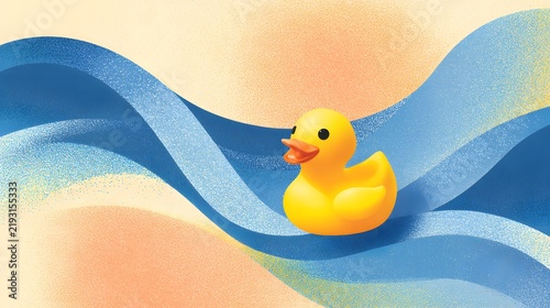 Cute Yellow Rubber Duck Floating on Colorful Water Waves for Play and Bath Scene
