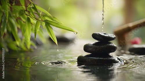 Tranquil Zen Garden with Water, Smooth Black Stones, Bamboo, and Natural Scenery