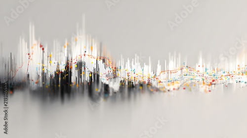 Abstract city skyline with vibrant data visualization on a gray background