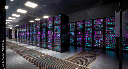 Obraz na płótnie Server racks glowing in a modern data center 3d