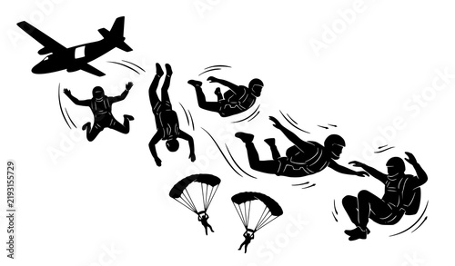 Foto Extreme skydiving silhouette set with freefalling people parachutes airplane and