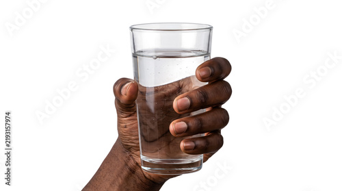 Hand holding a glass of clear water isolated on white background