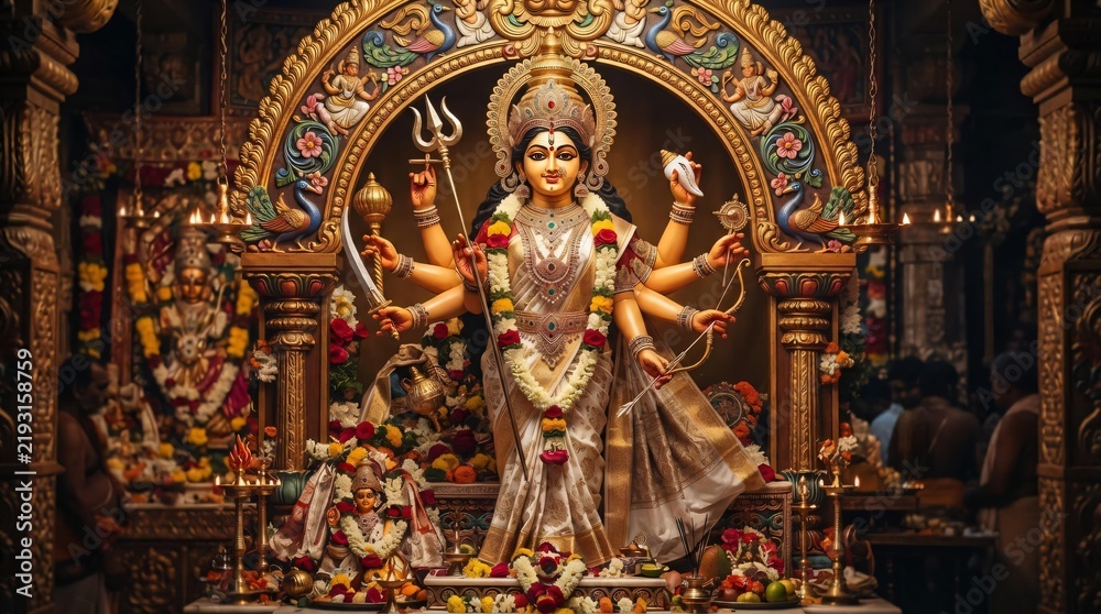 Fototapeta premium Goddess Durga with Multiple Arms and Traditional Weapons in a Dramatic Dark Temple Setting