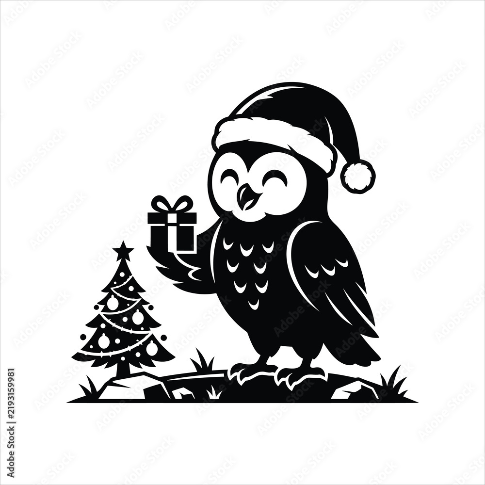 Obraz premium Christmas owl vector illustration holding a gift box and standing by a decorated holiday tree