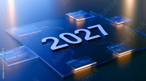 Futuristic 2027 new year with illuminated digital interface panels representing AI, digital transformation, intelligent systems and advanced computing. 

