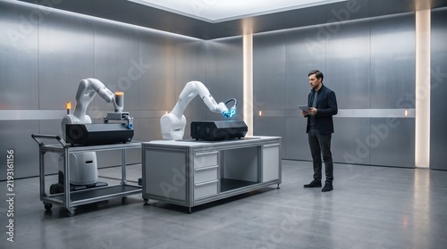 Engineer using tablet to oversee robotic arms inspecting hardware in modern laboratory