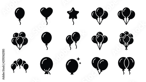Collection of black and white balloon icons with various shapes and quantities