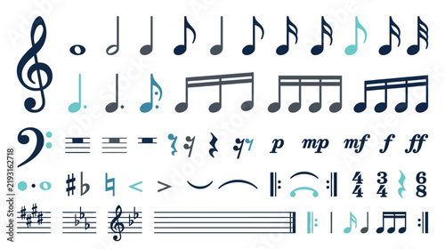 Music Notes and Symbols Collage: Treble Clef, Bass Clef, Rests, Beams