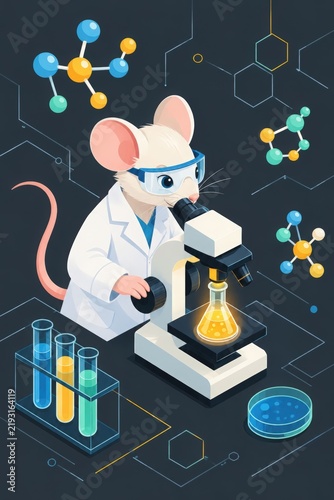 White laboratory mouse in safety goggles and coat examining a chemical sample under a microscope, combining science education with playful illustration
