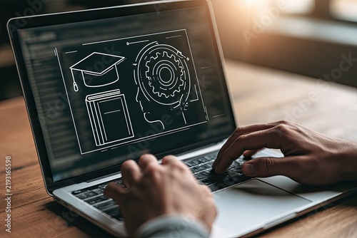 Online Education Concept with Laptop and Learning Icons.