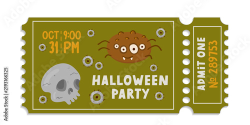 Halloween party ticket with skull, spider monster and creepy eyeballs. Vintage admit one pass.