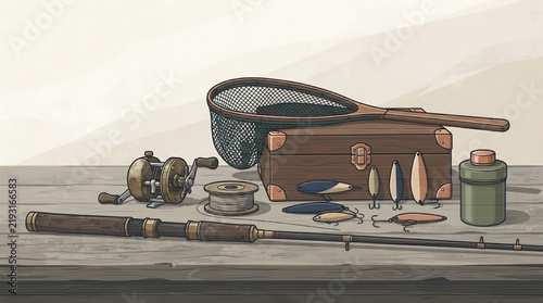 Collection of outdoor fishing gear including rods reels and lures on a white background