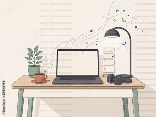 Flat vector illustration of a remote work desk setup with a laptop and coffee on a clean surface