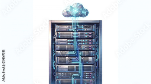 Server rack cabinet with glowing data pathways and network connectivity lines in a data center