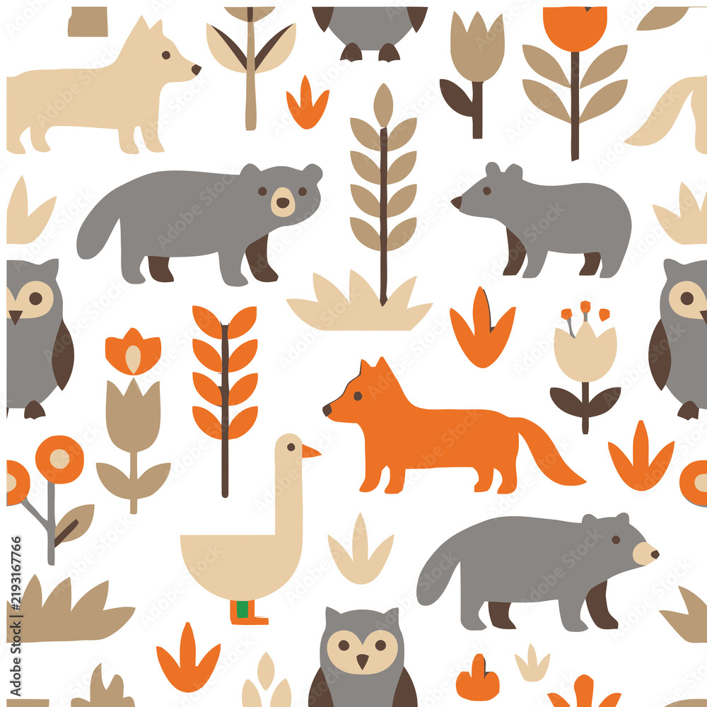 Obraz premium Cute woodland animals and plants seamless pattern