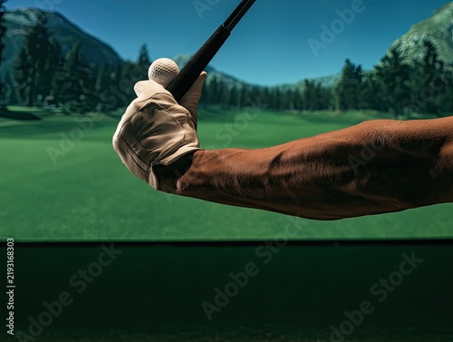 Close-up of a golfers hand gripping a club during a swing with a scenic background.
