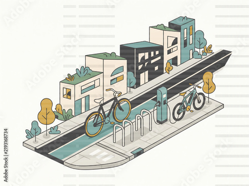 Modern urban bicycle mobility illustration featuring a commuter riding a bike in a city street
