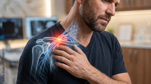 Thoracic Outlet Syndrome and Nerve Compression in Shoulder and Neck, Man Experiencing Pain at Home