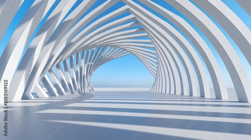 Obraz premium Futuristic white arched tunnel structure with twisting geometric ribs
