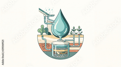 Water conservation infrastructure diagram showing urban rainwater harvesting and filtration system