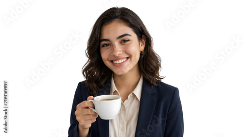 Smiling young businesswoman holding coffee cup portrait isolated on transparent PNG background