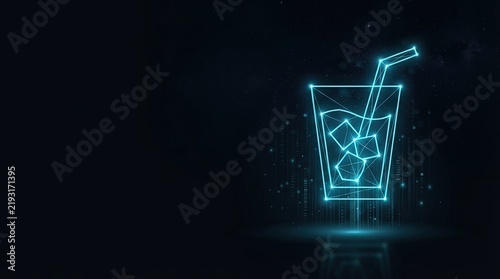Glowing blue wireframe cocktail symbolizes cutting-edge AI, digital science, and high-tech innovation with sleek futuristic design against dark background perfect for tech marketing.
