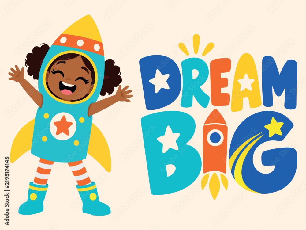 Fototapeta premium Cute cartoon diverse children in superhero and star costumes with typography quote Dream Big.
