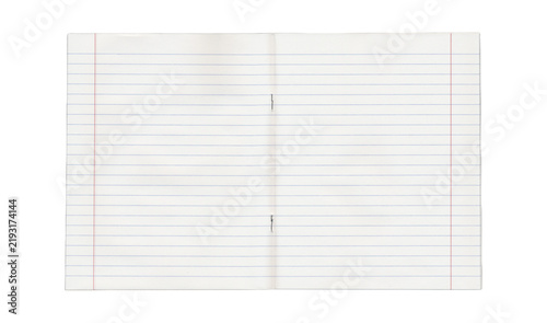 Obraz na płótnie Open ruled notebook spread with margin lines and visible center fold