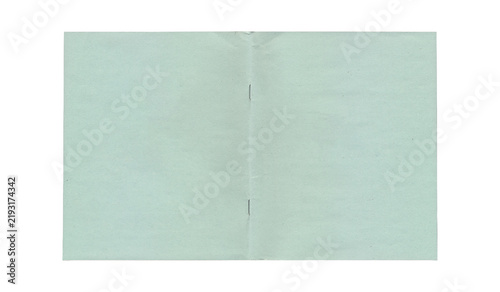 Open green notebook spread with blank wrinkled pages and center fold
