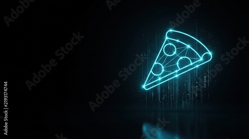 Glowing blue wireframe pizza slice hologram on dark tech background ideal for AI, digital science, and futuristic innovation visuals.
