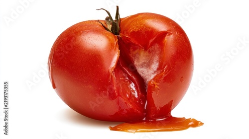 Rotten Red Tomato Split Open Leaking Juice and Pulp Isolated on White Background