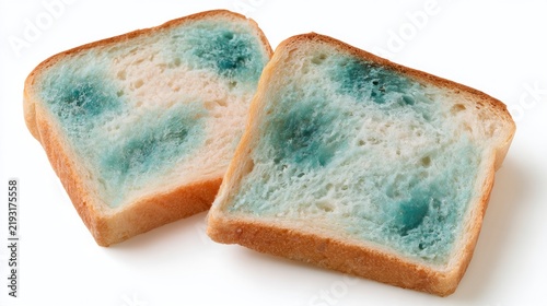 Two slices of moldy white bread isolated on a white background