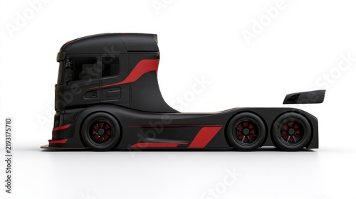 Modern Sleek Black Semi-Truck with Red Accents, Profile View Isolated on White Background