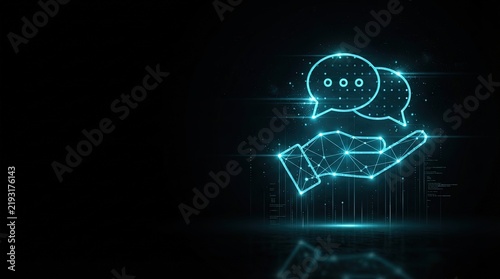 Stunning 3D glowing blue wireframe handshake hologram symbolizing AI, machine learning, and futuristic tech innovation for digital science projects.