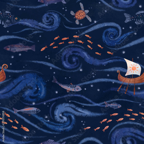 Canvas Print Seamless pattern the sea boat waves