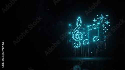 Glowing blue wireframe music note hologram on dark background showcases futuristic AI and digital science innovation for tech presentations.