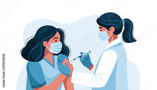 Vaccination illustration showing doctor giving injection to woman patient wearing masks