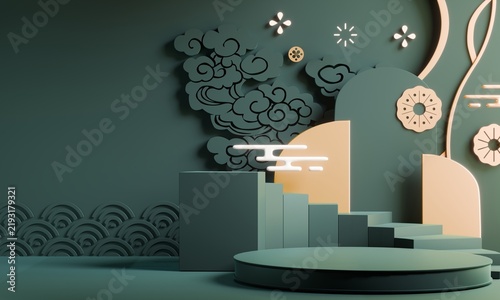 Chinese display stand with a chinaese decoration for present product,Green and red color Asia style background. 3D rendering