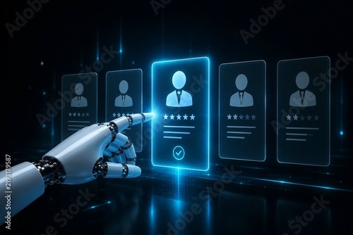 A futuristic concept image showing a robotic hand interacting with a holographic interface, pointing to and selecting a top-rated candidate profile card among a row of resumes.