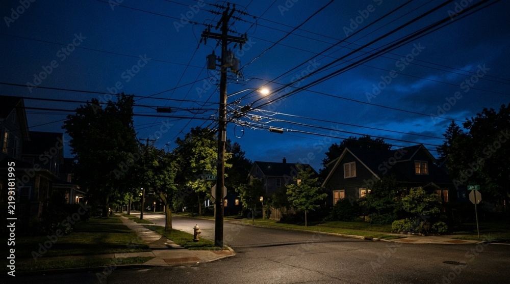 Fototapeta premium Dark suburban street at night, streetlamp illumination, residential houses, overhead wires