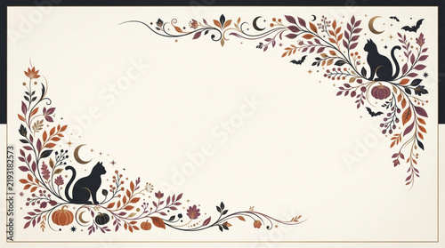 Decorative Halloween border frame with black cats and autumn foliage elements.