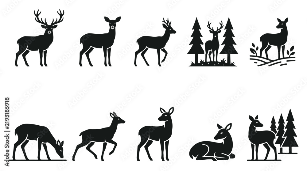 Fototapeta premium A collection of deer silhouettes in various poses highlights the grace and beauty of these animals in their natural habitat among trees and foliage.