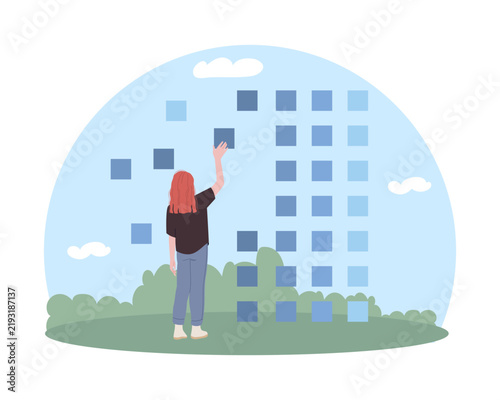 Data organization and information management. Structured workflow, employee woman interface building blocks, visualization optimization, update development vector cartoon isolated concept