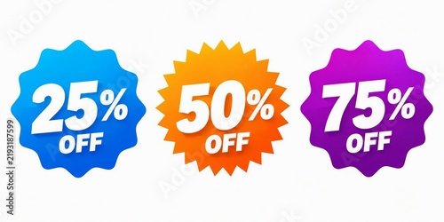 Colorful sale discount badges with 25, 50, and 75 percent off text